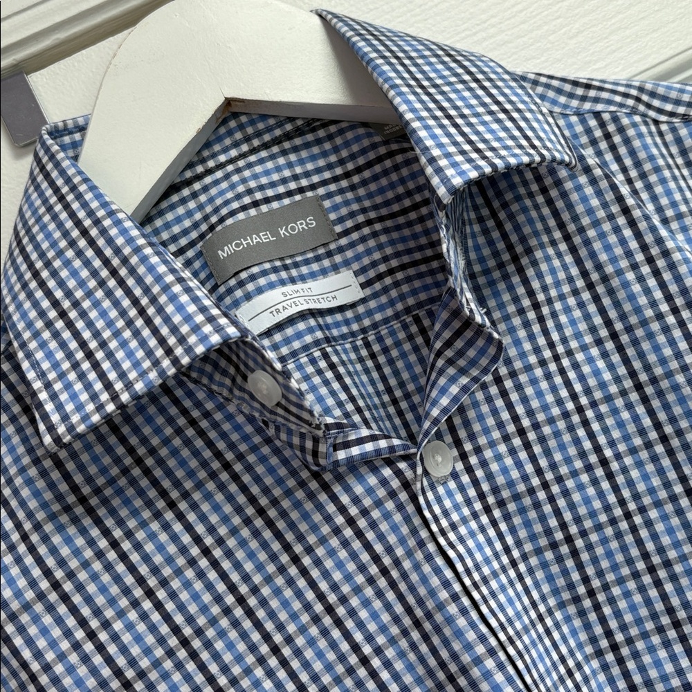 New Michael Kors Slim Fit Travel Stretch Plaid Blue Men's Shirt S 14 1/2, 32/33